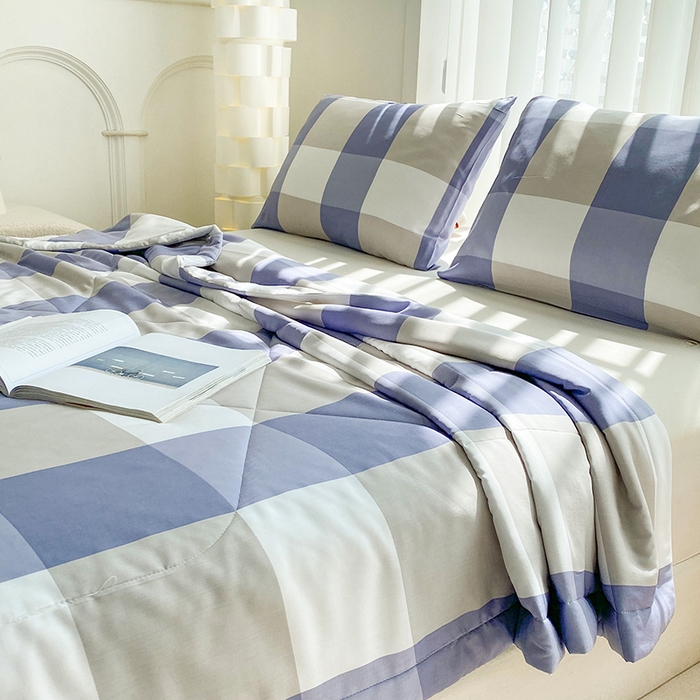 91家纺网 家纺一手货源 找家纺 天瑜家纺 2025新款棉绸夏被苏香绸舒香绸夏凉被人造棉空调被 蓝大格