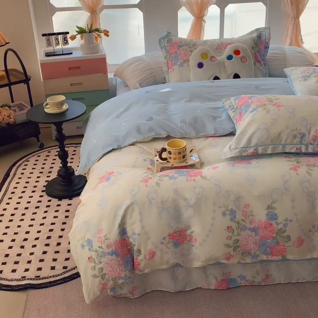 91家纺网 家纺一手货源 找家纺 莱豫家纺 2025新款亲肤舒适小清新印花纯棉四件套 那年花开