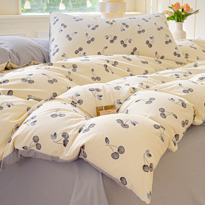 91家纺网 家纺一手货源 找家纺 蓝淋家纺 2025新款亲肤舒适皱皱棉印花四件套 点点爱