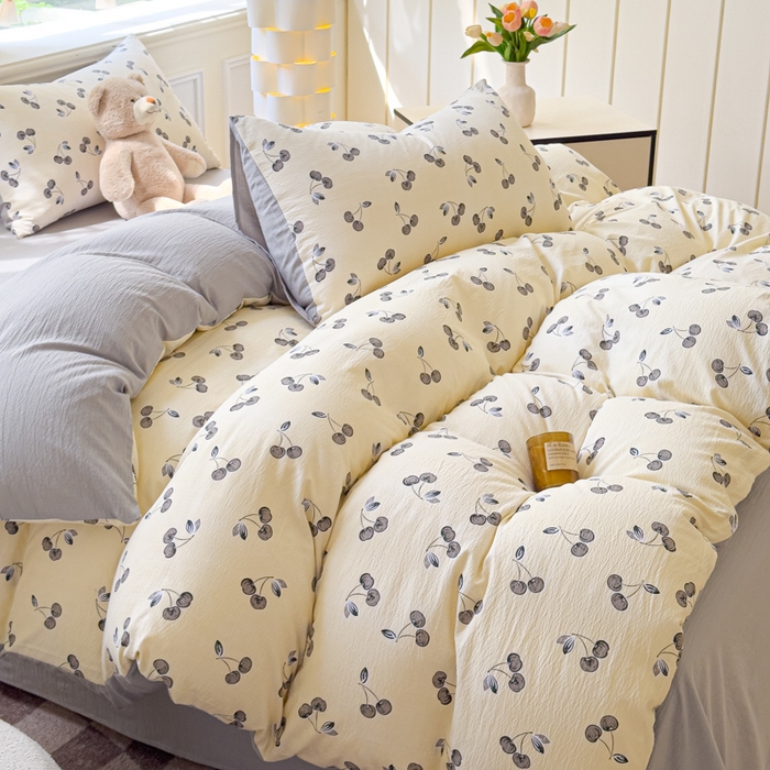 91家纺网 家纺一手货源 找家纺 蓝淋家纺 2025新款亲肤舒适皱皱棉印花四件套 点点爱