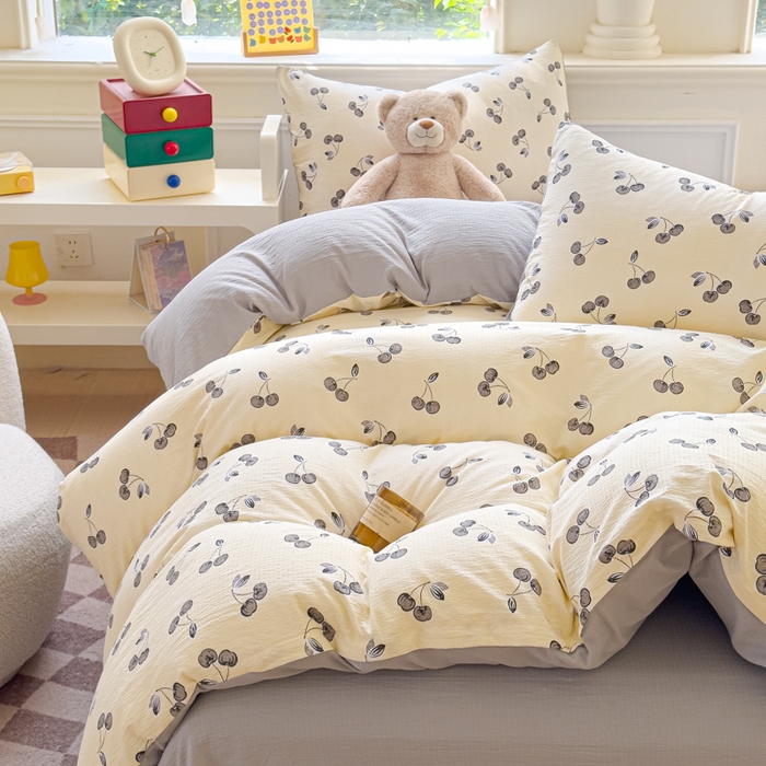 91家纺网 家纺一手货源 找家纺 蓝淋家纺 2025新款亲肤舒适皱皱棉印花四件套 点点爱