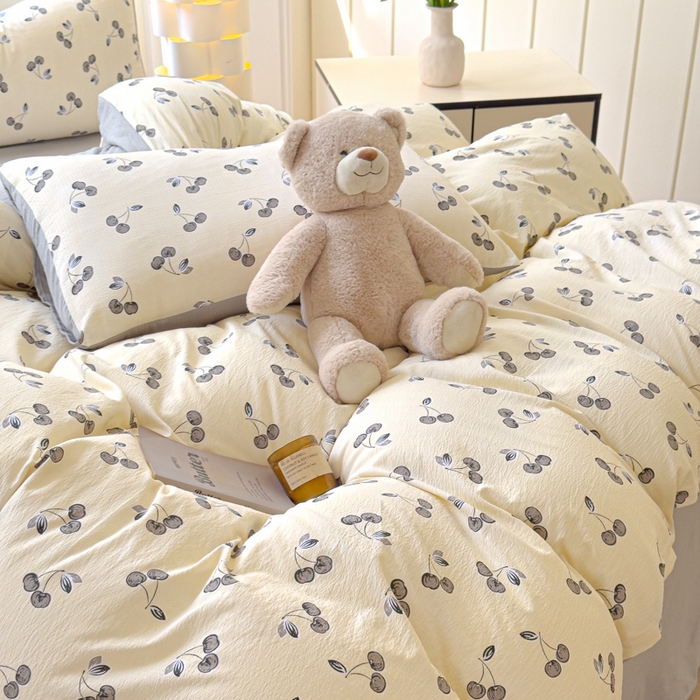 91家纺网 家纺一手货源 找家纺 蓝淋家纺 2025新款亲肤舒适皱皱棉印花四件套 点点爱