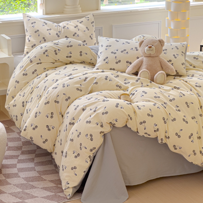 91家纺网 家纺一手货源 找家纺 蓝淋家纺 2025新款亲肤舒适皱皱棉印花四件套 点点爱