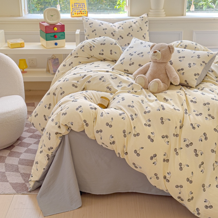 91家纺网 家纺一手货源 找家纺 蓝淋家纺 2025新款亲肤舒适皱皱棉印花四件套 点点爱