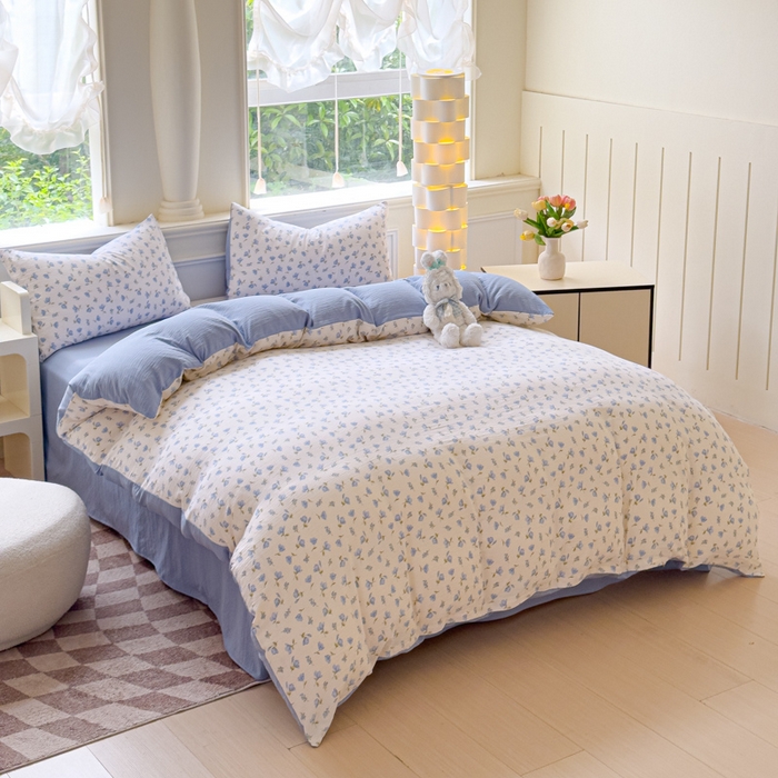 91家纺网 家纺一手货源 找家纺 蓝淋家纺 2025新款亲肤舒适皱皱棉印花四件套 浪漫定义-蓝