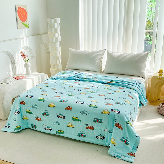 91家纺网 家纺一手货源 找家纺 天瑜家纺 2025新款棉绸夏被苏香绸舒香绸夏凉被人造棉空调被 小汽车蓝