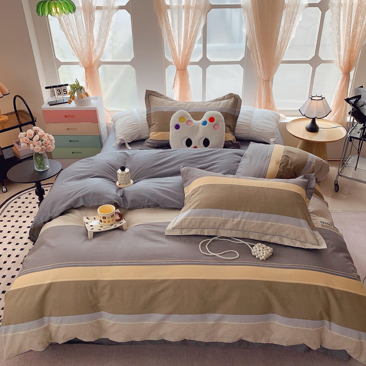 莱豫家纺 2025新款亲肤舒适小清新印花纯棉四件套 条纹人生咖