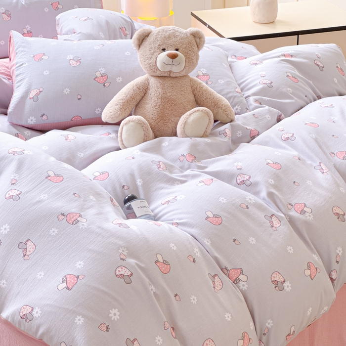 91家纺网 家纺一手货源 找家纺 蓝淋家纺 2025新款亲肤舒适皱皱棉印花四件套 浅忆-灰