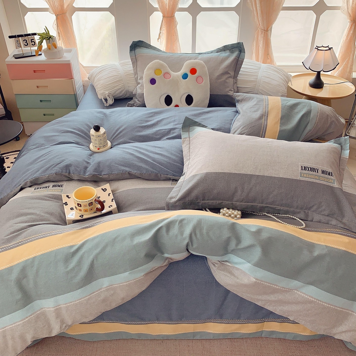 91家纺网 家纺一手货源 找家纺 莱豫家纺 2025新款亲肤舒适小清新印花纯棉四件套 条纹人生蓝