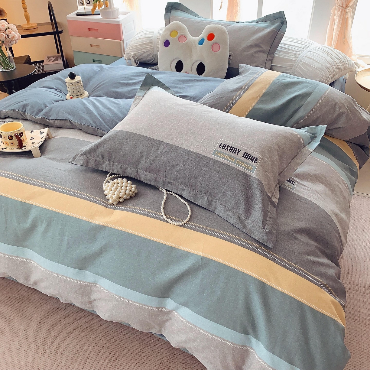 91家纺网 家纺一手货源 找家纺 莱豫家纺 2025新款亲肤舒适小清新印花纯棉四件套 条纹人生蓝