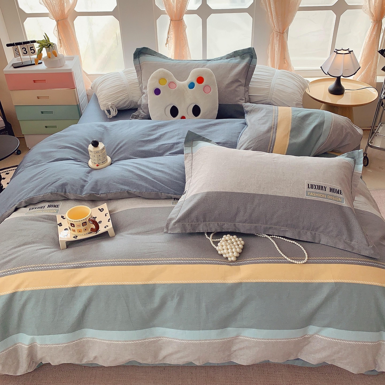 91家纺网 家纺一手货源 找家纺 莱豫家纺 2025新款亲肤舒适小清新印花纯棉四件套 条纹人生蓝