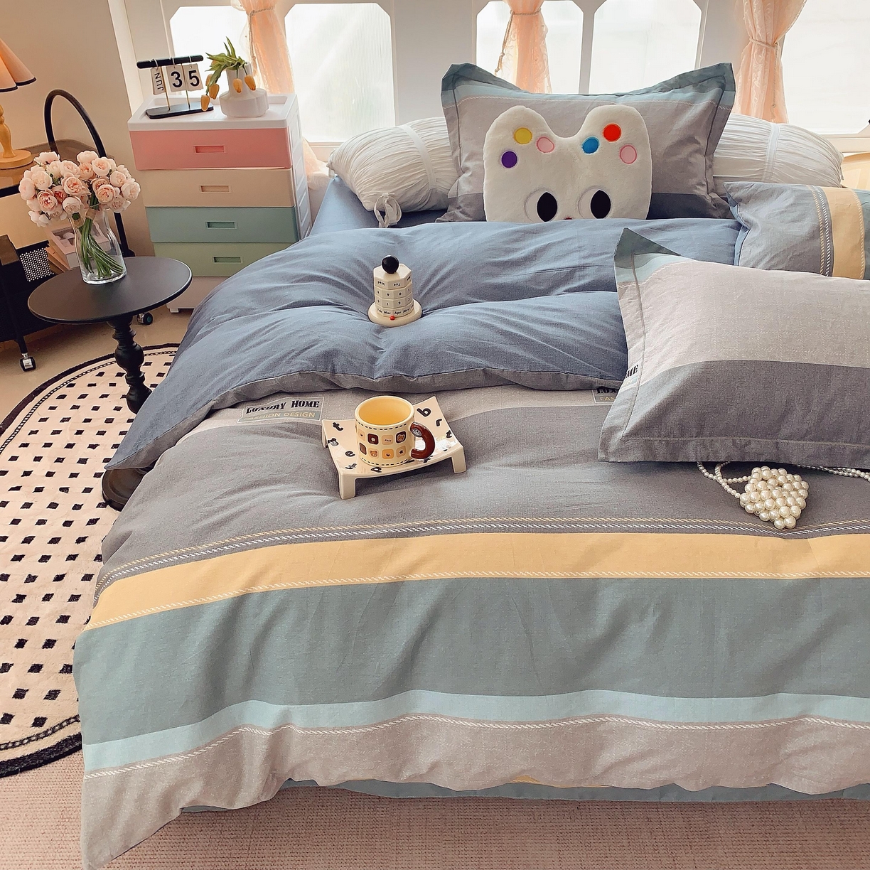 91家纺网 家纺一手货源 找家纺 莱豫家纺 2025新款亲肤舒适小清新印花纯棉四件套 条纹人生蓝