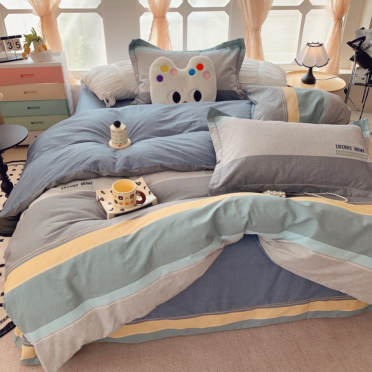 91家纺网 家纺一手货源 找家纺 莱豫家纺 2025新款亲肤舒适小清新印花纯棉四件套 条纹人生蓝