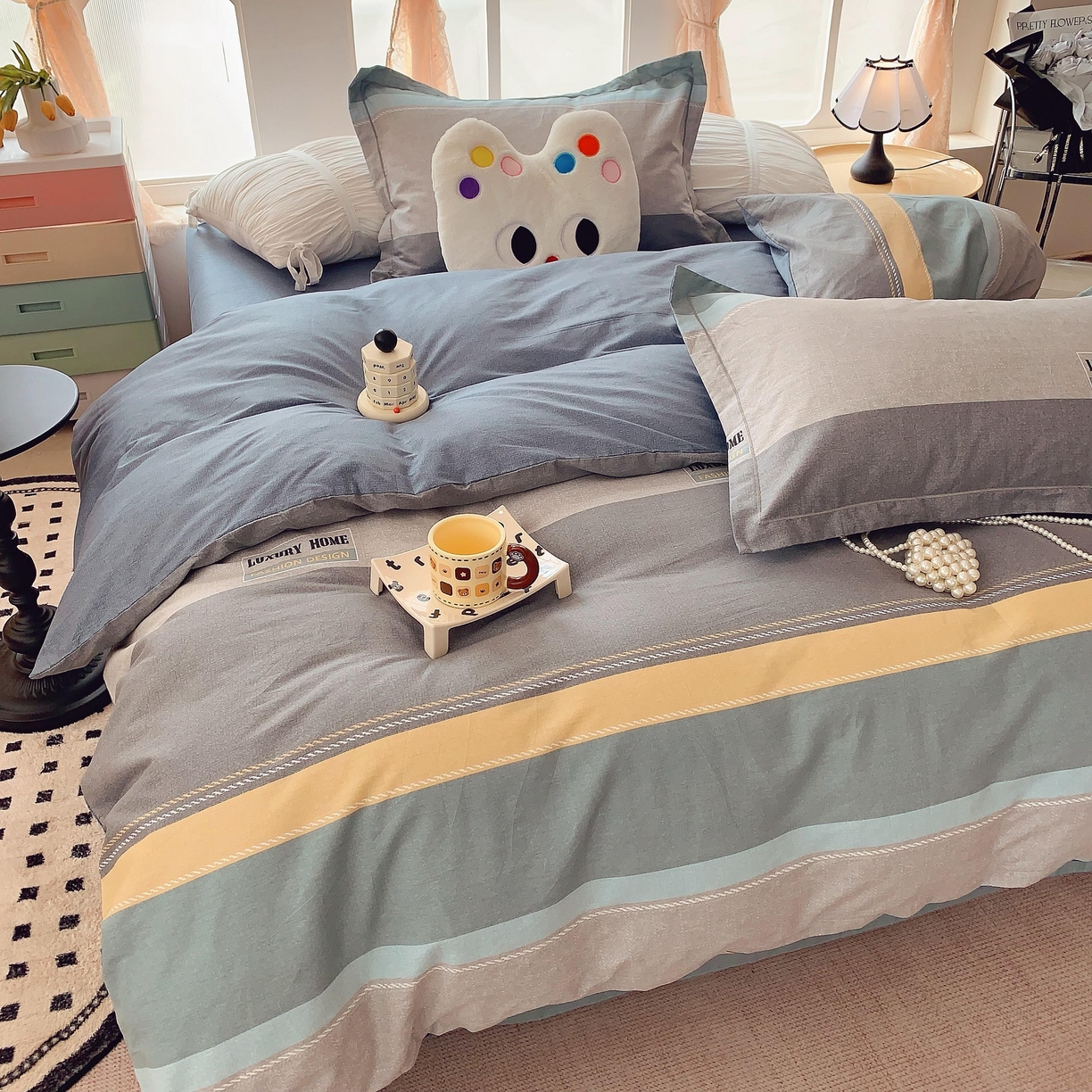 91家纺网 家纺一手货源 找家纺 莱豫家纺 2025新款亲肤舒适小清新印花纯棉四件套 条纹人生蓝