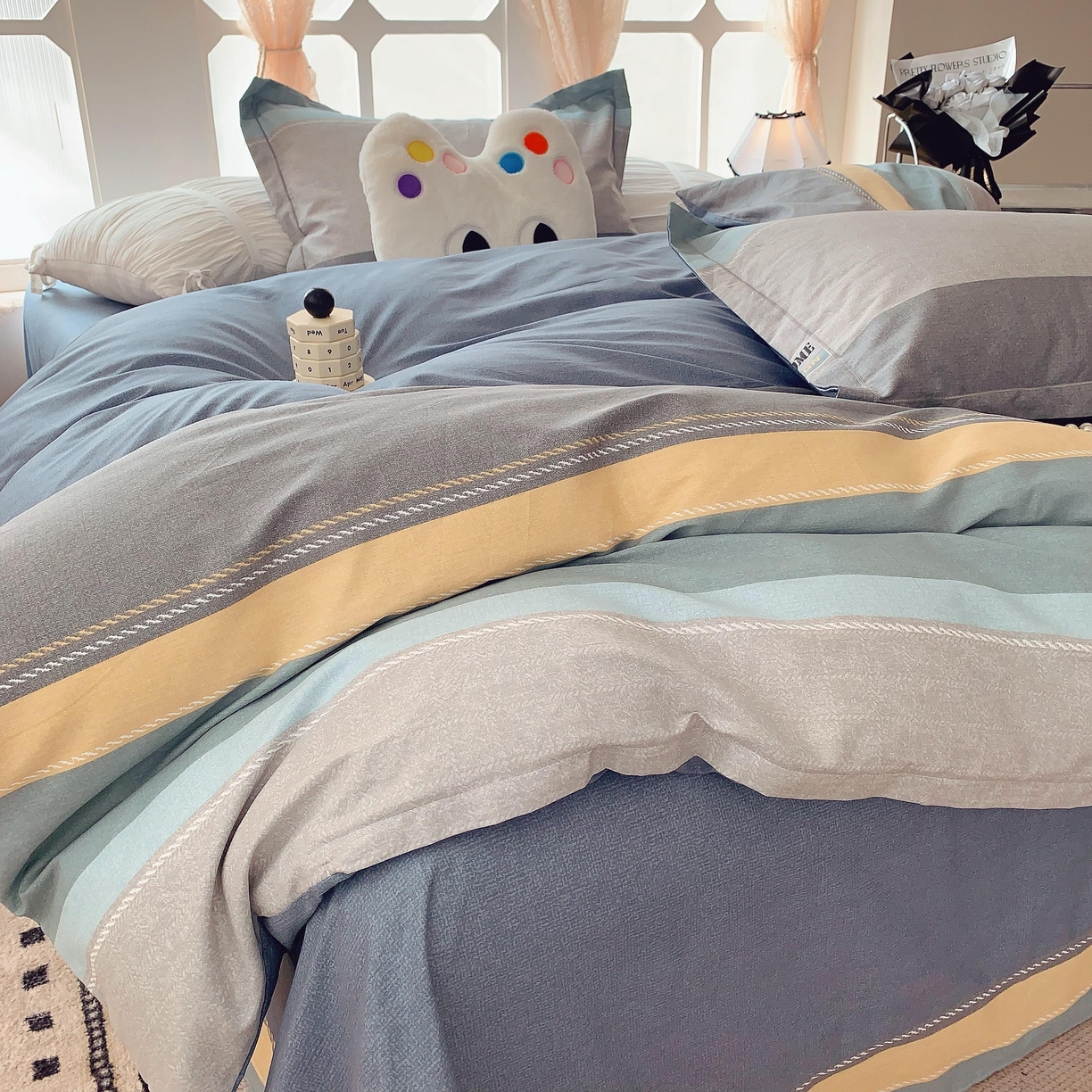 91家纺网 家纺一手货源 找家纺 莱豫家纺 2025新款亲肤舒适小清新印花纯棉四件套 条纹人生蓝