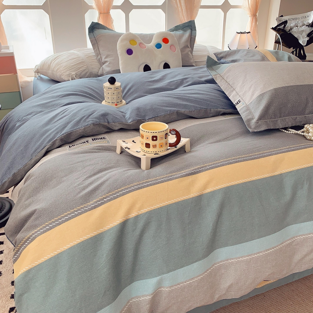 91家纺网 家纺一手货源 找家纺 莱豫家纺 2025新款亲肤舒适小清新印花纯棉四件套 条纹人生蓝