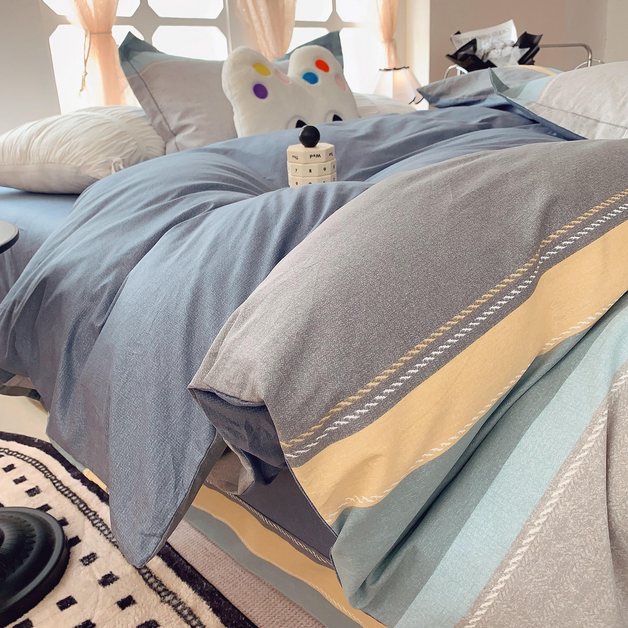 91家纺网 家纺一手货源 找家纺 莱豫家纺 2025新款亲肤舒适小清新印花纯棉四件套 条纹人生蓝