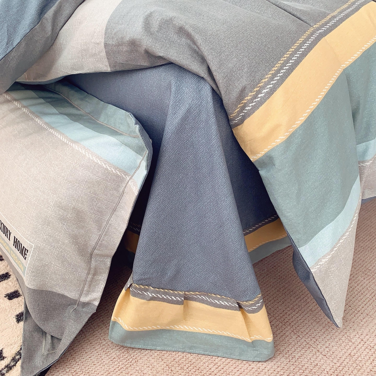 91家纺网 家纺一手货源 找家纺 莱豫家纺 2025新款亲肤舒适小清新印花纯棉四件套 条纹人生蓝