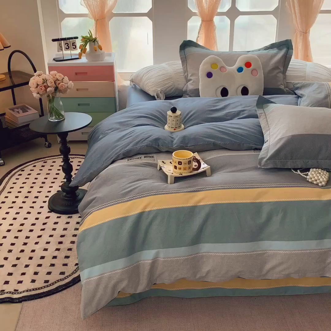 91家纺网 家纺一手货源 找家纺 莱豫家纺 2025新款亲肤舒适小清新印花纯棉四件套 条纹人生蓝