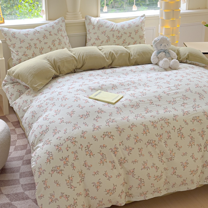 91家纺网 家纺一手货源 找家纺 蓝淋家纺 2025新款亲肤舒适皱皱棉印花四件套 秋实-绿