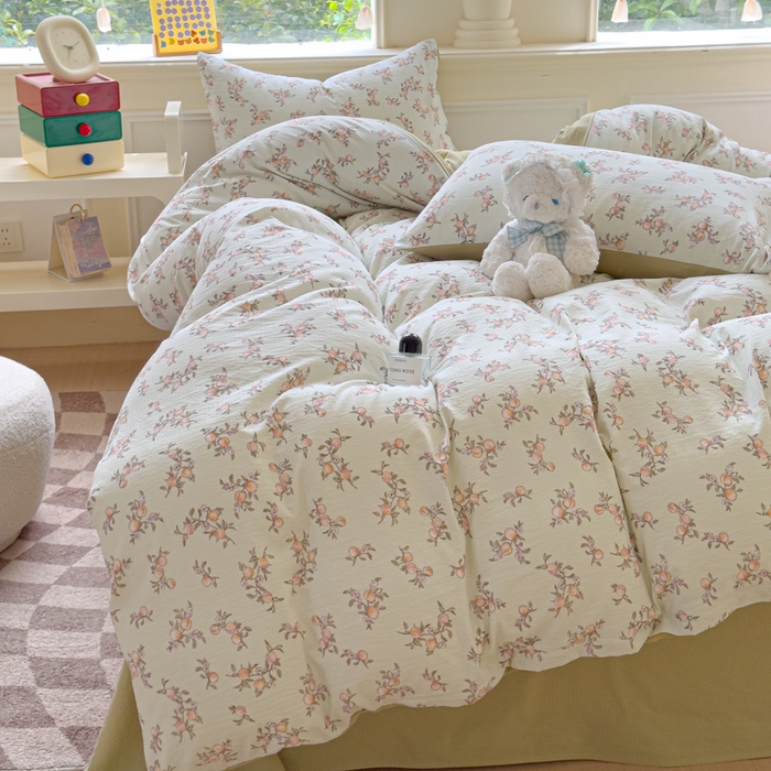 91家纺网 家纺一手货源 找家纺 蓝淋家纺 2025新款亲肤舒适皱皱棉印花四件套 秋实-绿