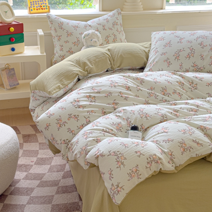 91家纺网 家纺一手货源 找家纺 蓝淋家纺 2025新款亲肤舒适皱皱棉印花四件套 秋实-绿