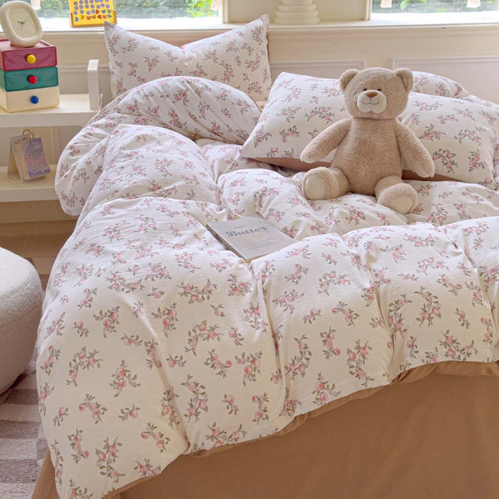 91家纺网 家纺一手货源 找家纺 蓝淋家纺 2025新款亲肤舒适皱皱棉印花四件套 秋实-米