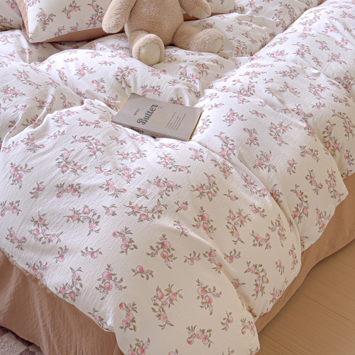 91家纺网 家纺一手货源 找家纺 蓝淋家纺 2025新款亲肤舒适皱皱棉印花四件套 秋实-米