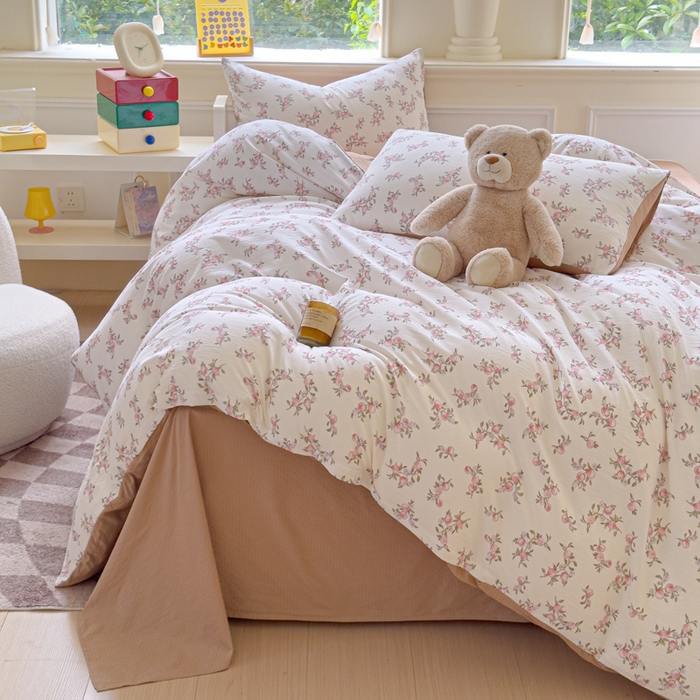 91家纺网 家纺一手货源 找家纺 蓝淋家纺 2025新款亲肤舒适皱皱棉印花四件套 秋实-米