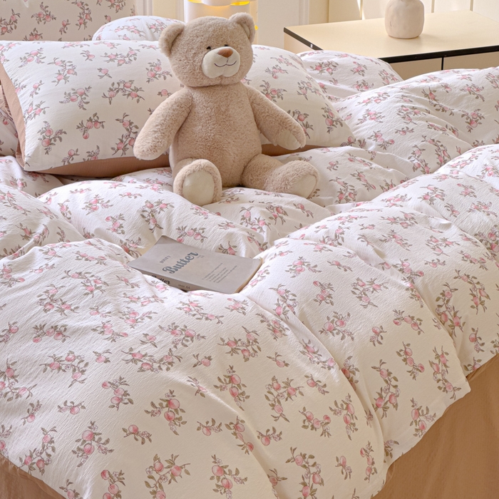 91家纺网 家纺一手货源 找家纺 蓝淋家纺 2025新款亲肤舒适皱皱棉印花四件套 秋实-米