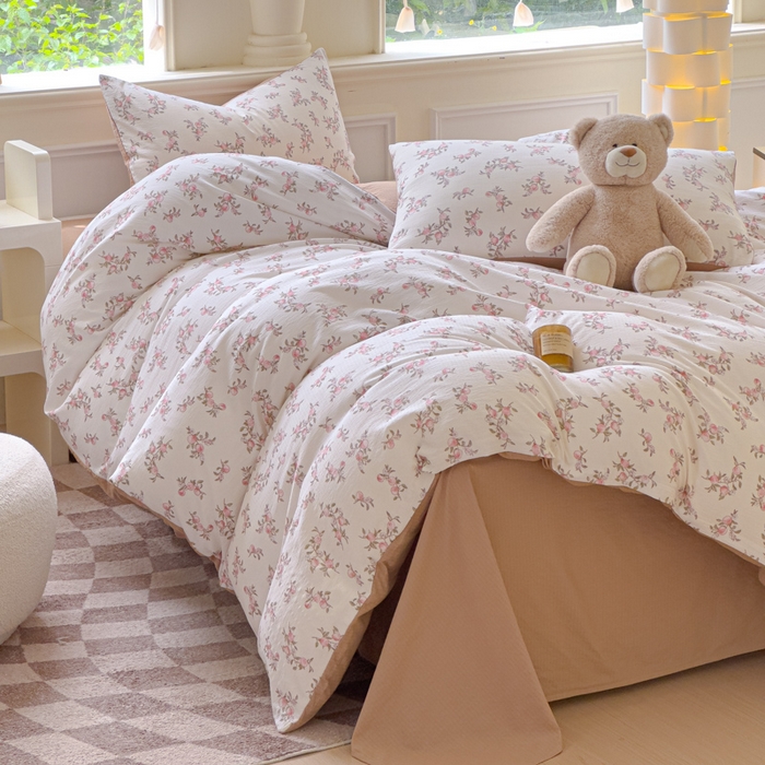 91家纺网 家纺一手货源 找家纺 蓝淋家纺 2025新款亲肤舒适皱皱棉印花四件套 秋实-米