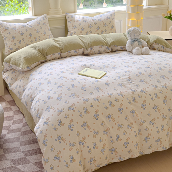 91家纺网 家纺一手货源 找家纺 蓝淋家纺 2025新款亲肤舒适皱皱棉印花四件套 望夏花艺-米