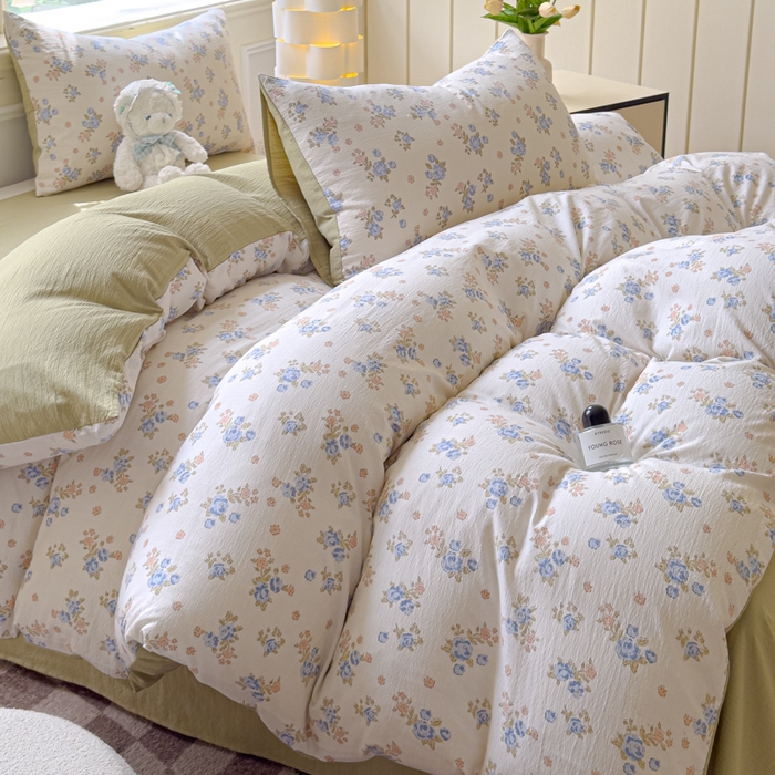 91家纺网 家纺一手货源 找家纺 蓝淋家纺 2025新款亲肤舒适皱皱棉印花四件套 望夏花艺-米