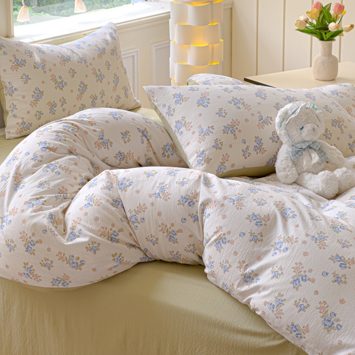 91家纺网 家纺一手货源 找家纺 蓝淋家纺 2025新款亲肤舒适皱皱棉印花四件套 望夏花艺-米