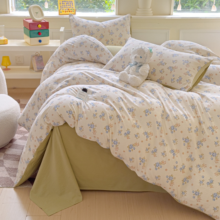 91家纺网 家纺一手货源 找家纺 蓝淋家纺 2025新款亲肤舒适皱皱棉印花四件套 望夏花艺-米