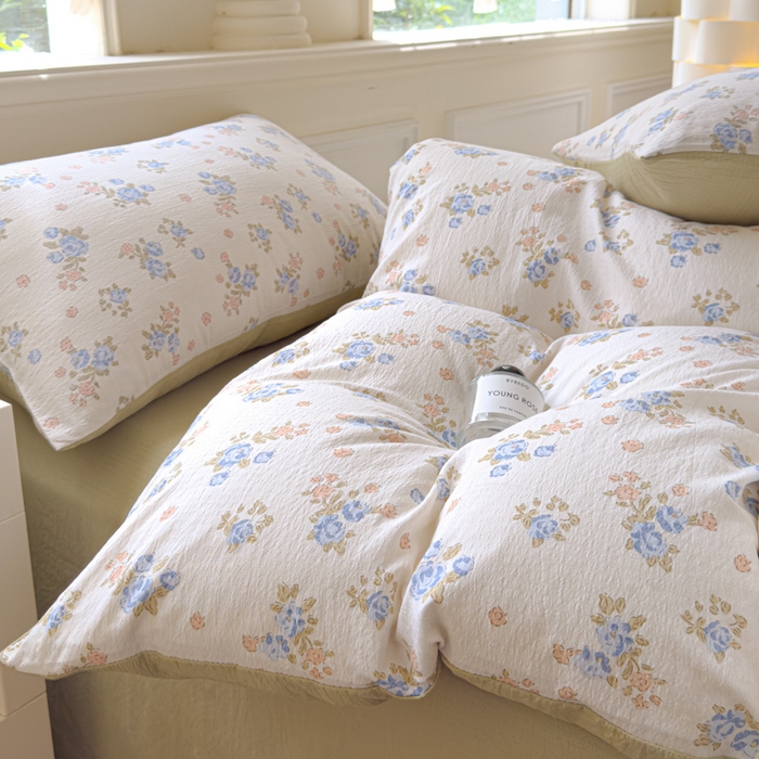 91家纺网 家纺一手货源 找家纺 蓝淋家纺 2025新款亲肤舒适皱皱棉印花四件套 望夏花艺-米