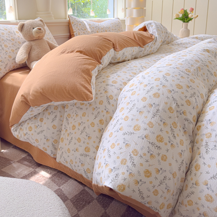 蓝淋家纺 2025新款亲肤舒适皱皱棉印花四件套 惜花芷-桔