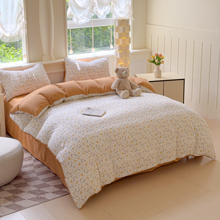 91家纺网 家纺一手货源 找家纺 蓝淋家纺 2025新款亲肤舒适皱皱棉印花四件套 惜花芷-桔