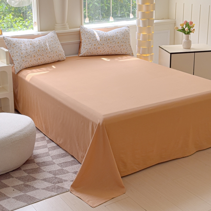 91家纺网 家纺一手货源 找家纺 蓝淋家纺 2025新款亲肤舒适皱皱棉印花四件套 惜花芷-桔