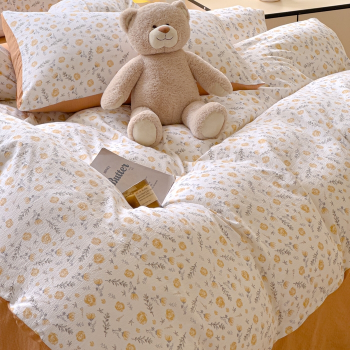 91家纺网 家纺一手货源 找家纺 蓝淋家纺 2025新款亲肤舒适皱皱棉印花四件套 惜花芷-桔