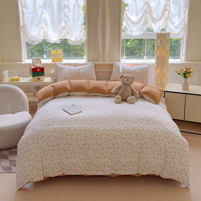 91家纺网 家纺一手货源 找家纺 蓝淋家纺 2025新款亲肤舒适皱皱棉印花四件套 惜花芷-桔