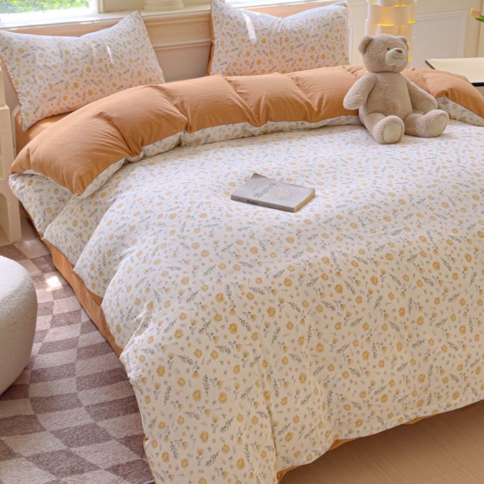 91家纺网 家纺一手货源 找家纺 蓝淋家纺 2025新款亲肤舒适皱皱棉印花四件套 惜花芷-桔