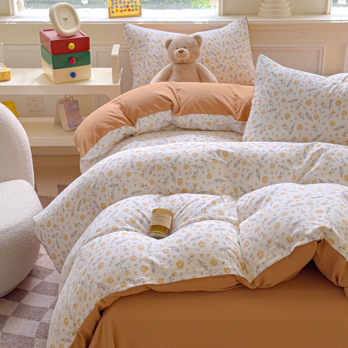 91家纺网 家纺一手货源 找家纺 蓝淋家纺 2025新款亲肤舒适皱皱棉印花四件套 惜花芷-桔