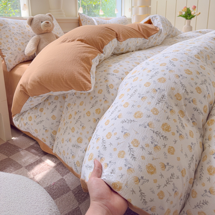 91家纺网 家纺一手货源 找家纺 蓝淋家纺 2025新款亲肤舒适皱皱棉印花四件套 惜花芷-桔