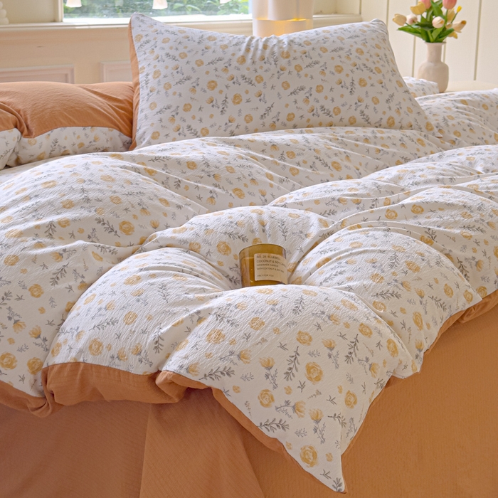 91家纺网 家纺一手货源 找家纺 蓝淋家纺 2025新款亲肤舒适皱皱棉印花四件套 惜花芷-桔