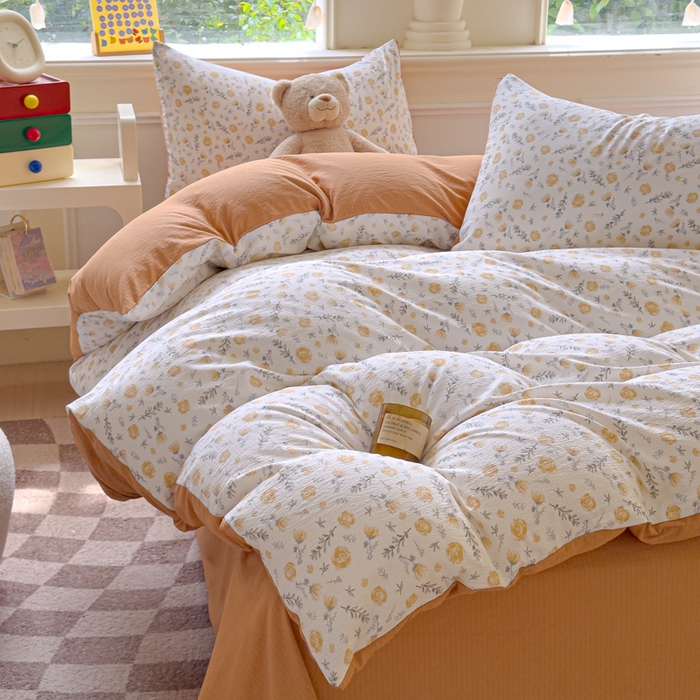 91家纺网 家纺一手货源 找家纺 蓝淋家纺 2025新款亲肤舒适皱皱棉印花四件套 惜花芷-桔