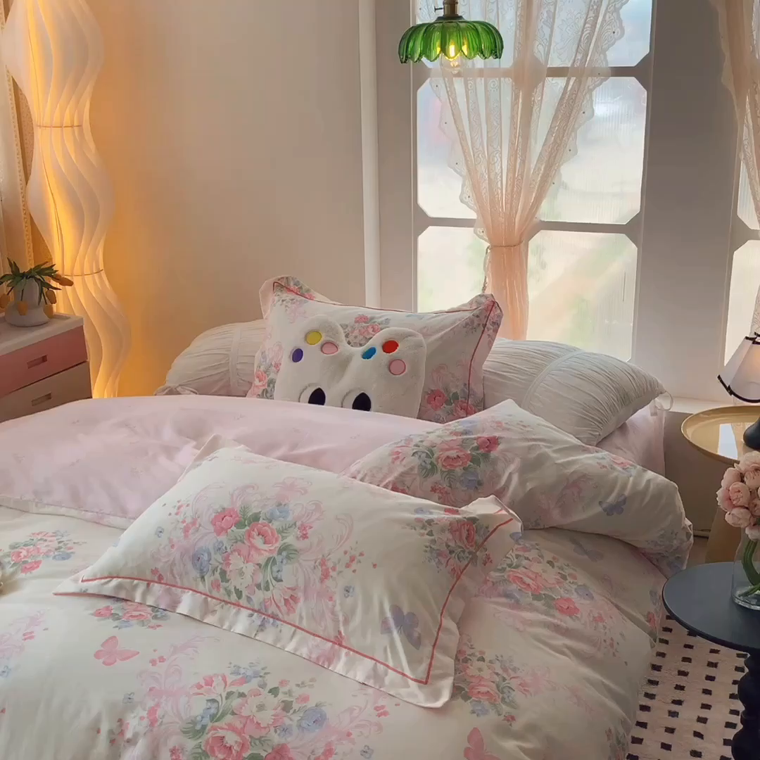91家纺网 家纺一手货源 找家纺 莱豫家纺 2025新款亲肤舒适小清新印花纯棉四件套 香颂蝶舞