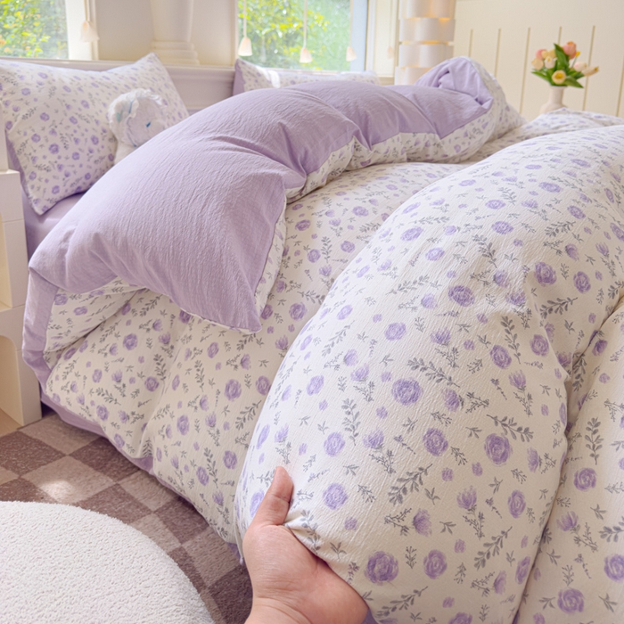 91家纺网 家纺一手货源 找家纺 蓝淋家纺 2025新款亲肤舒适皱皱棉印花四件套 惜花芷-紫