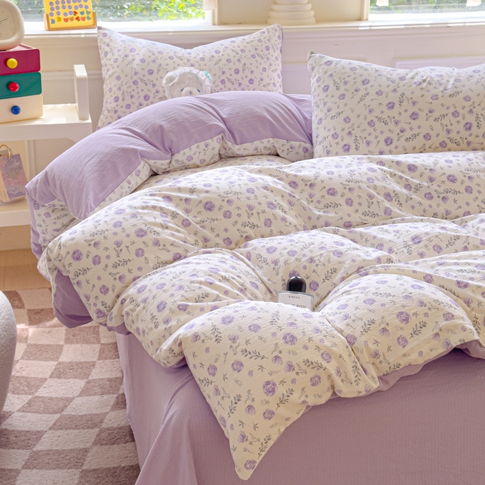 91家纺网 家纺一手货源 找家纺 蓝淋家纺 2025新款亲肤舒适皱皱棉印花四件套 惜花芷-紫