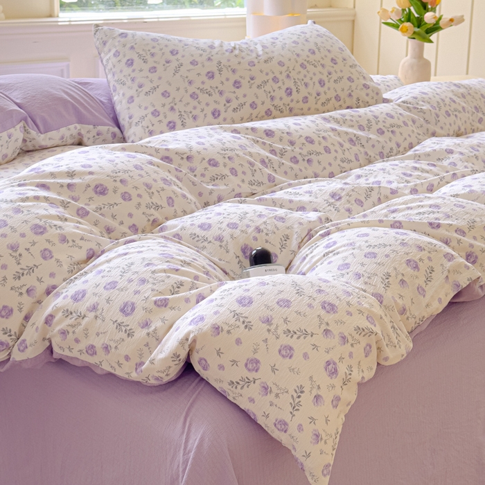 91家纺网 家纺一手货源 找家纺 蓝淋家纺 2025新款亲肤舒适皱皱棉印花四件套 惜花芷-紫